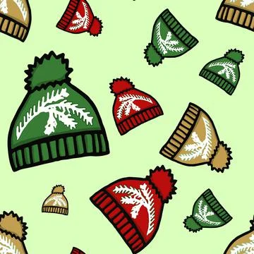 Seamless pattern with hand-drawn winter hat in red color with doodle sprig. Stock Illustration
