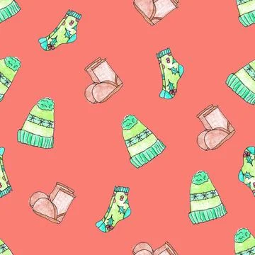 Seamless pattern of hand drawn winter clothes, Christmas illustration elements Illustrazione stock
