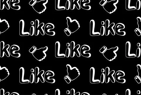 Seamless pattern of hand-drawn  words Like and Thumb up on black background. 스톡 일러스트