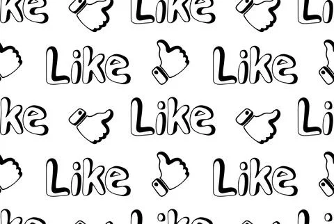 Seamless pattern of hand-drawn  words Like and Thumb up on white background Stock Illustration