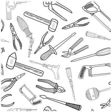 Seamless pattern with hand drawn work tools. Hand tools collection. Handmade  Stock Illustration
