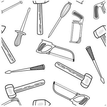 Seamless pattern with hand drawn working tools. Collection of hand tools. Han Stock Illustration
