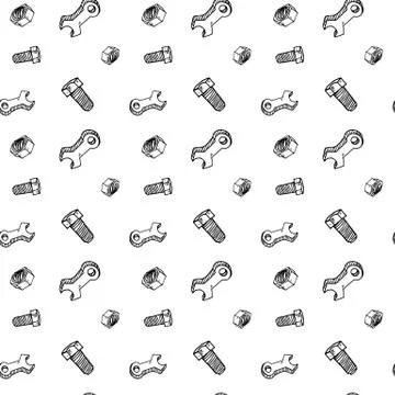 Seamless pattern hand drawn wrench | bolt | nut. Doodle black sketch. Sign sy Stock Illustration