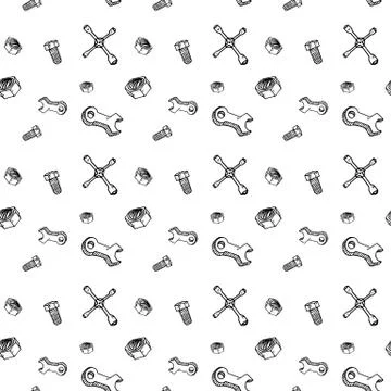 Seamless pattern hand drawn wrench | bolt | nut. Doodle black sketch. Sign sy Stock Illustration