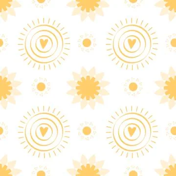 Seamless pattern with hand drawn yellow doodle suns on white background Summe Stock-Illustration
