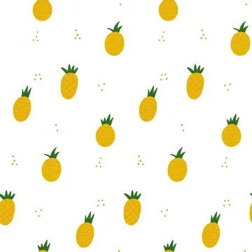 Seamless pattern with hand drawn yellow pineapple and abstract dots. Summer Stock Illustration