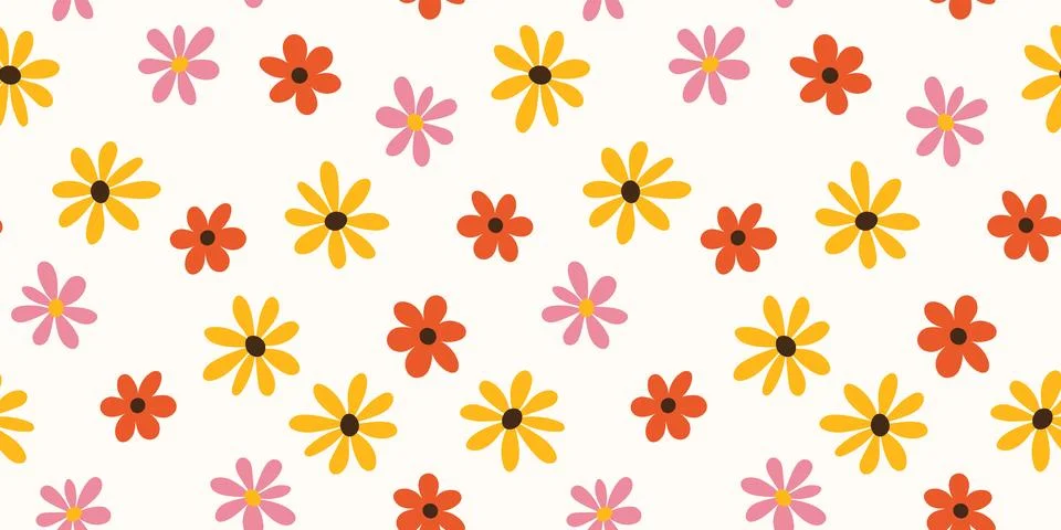 Seamless pattern with hand drawn yellow, pink, orange simple flowers Stock-Illustration