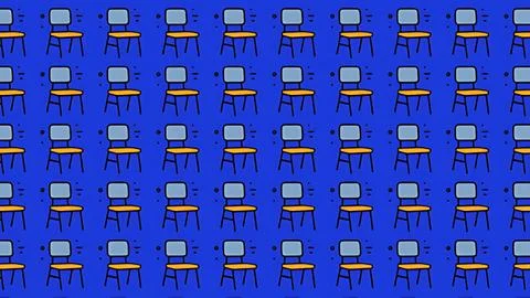 Seamless pattern of hand-drawn yellow and blue chairs on a vibrant blue bac.. Stock Illustration