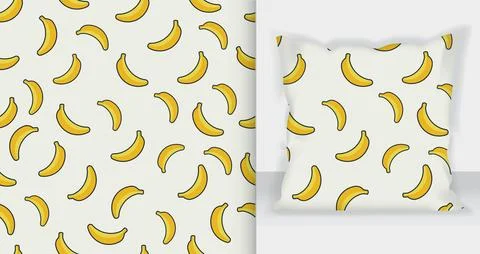Seamless pattern with hand drawn yellow bananas on cream background and pro.. Stock Illustration
