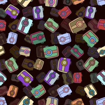 Seamless pattern with hand drown silhouette camera on color background. Summer Stock Illustration