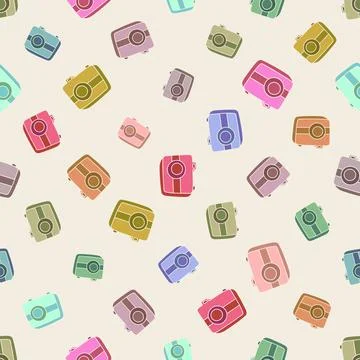 Seamless pattern with hand drown silhouette camera on color background. Business Illustrazione stock