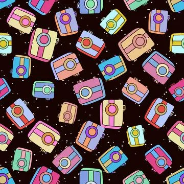 Seamless pattern with hand drown silhouette camera on color background. Summer Stock Illustration