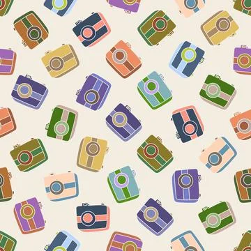 Seamless pattern with hand drown silhouette camera on color background. Business Stock Illustration