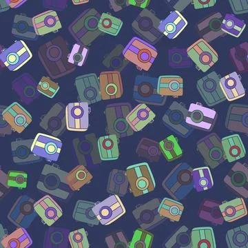 Seamless pattern with hand drown silhouette camera on color background. Summer Stock Illustration