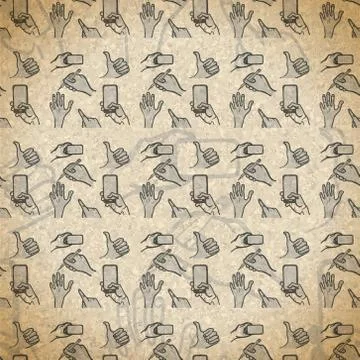 Seamless pattern hand gestures with smartphone in vintage style Stock Illustration