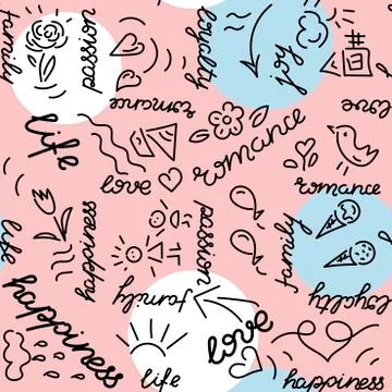 Seamless pattern with hand lettering Love, Happiness, Life, Romance. A child' Illustrazione stock