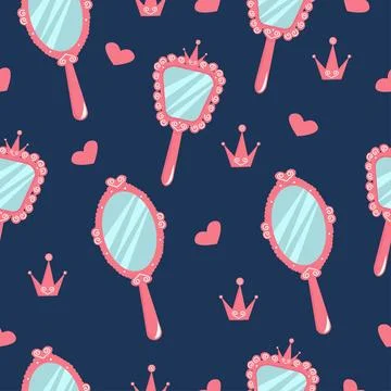 Seamless pattern with hand mirror from princess. Pink vintage accessory for a Stock Illustration