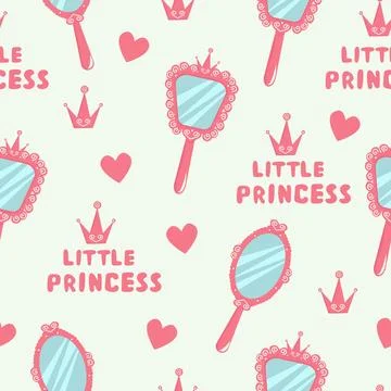 Seamless pattern with hand mirror from princess. Pink vintage accessory for a Stock Illustration