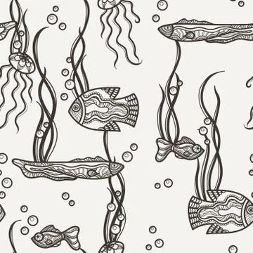 Seamless pattern with hand painted fancy fish and algae Illustrazione stock