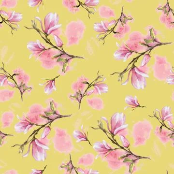 Seamless pattern Hand painted illustration of blooming purple Magnolia yell.. Stock Illustration