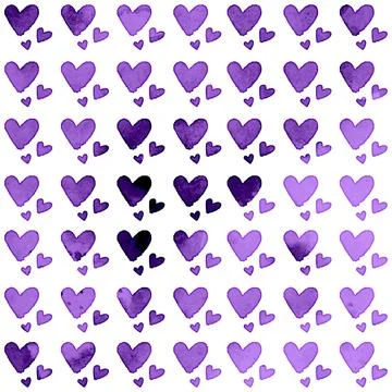 Seamless pattern of hand-painted purple watercolor hearts in repetition 스톡 일러스트