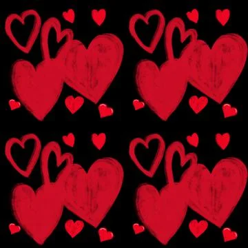 Seamless pattern with hand painted red hearts in different sizes on a black Stock Illustration