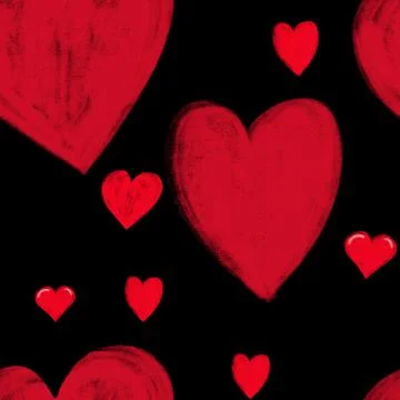 Seamless pattern with hand painted red hearts in different sizes on a black Stock Illustration