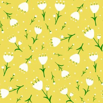 Seamless pattern with hand painted simple white flowers on yellow background Illustrazione stock