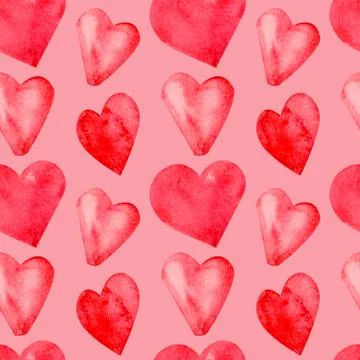 Seamless pattern with hand painted watercolor red hearts on pink background Stock Illustration