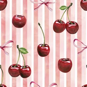 Seamless pattern hand-painted watercolor illustration with red cherries and pink Stock Illustration