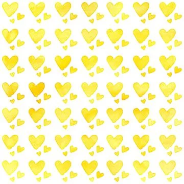 Seamless pattern of hand-painted yellow watercolor hearts in repetition Stock Illustration