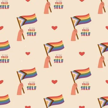 Seamless Pattern Hand with Progress Pride Flag. LGBT rainbow symbol on ligh.. Stock-Illustration