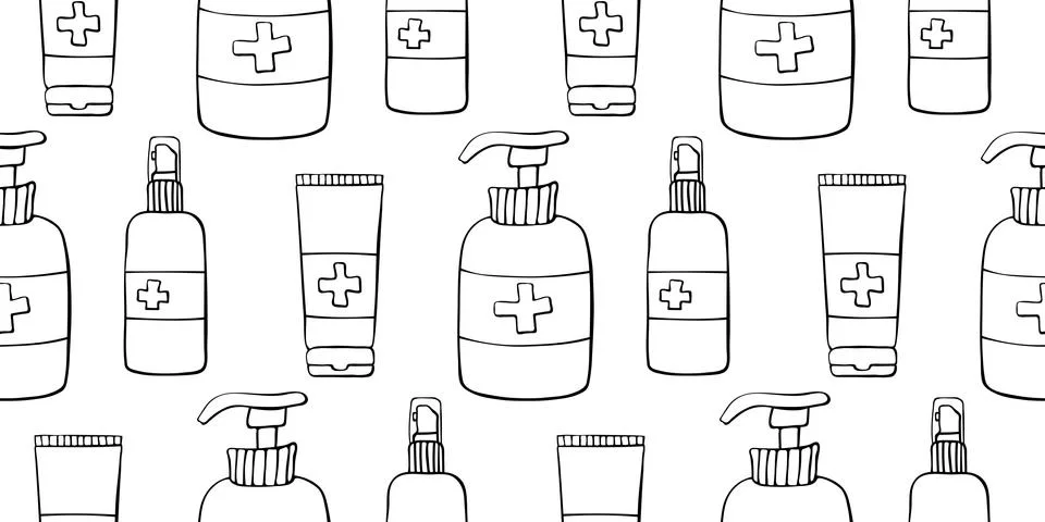 Seamless pattern with hand sanitizer. Personal hygiene products. Antiseptic d Stock Illustration