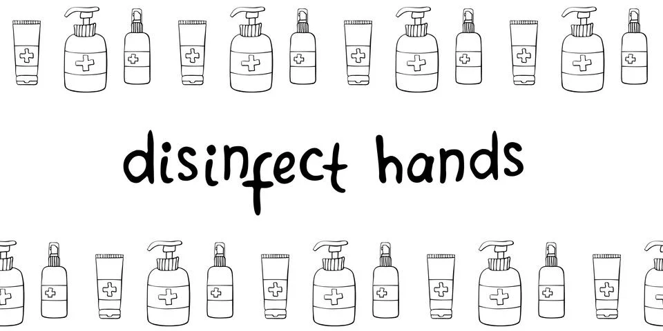 Seamless pattern with hand sanitizer. Personal hygiene products. Antiseptic d Stock Illustration
