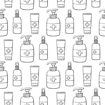 Seamless pattern with hand sanitizer. Personal hygiene products. Antiseptic d Stock-Illustration