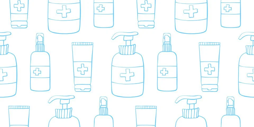 Seamless pattern with hand sanitizer. Personal hygiene products. Antiseptic d Stock-Illustration