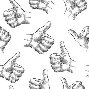 Seamless Pattern hand showing symbol Like. Making thumb up gesture. Stock Illustration