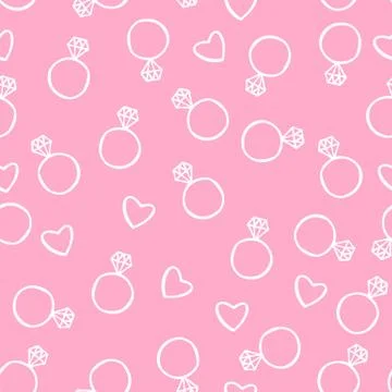 Seamless pattern of hand sketched diamond rings and hearts. Doodle wedding or Illustrazione stock