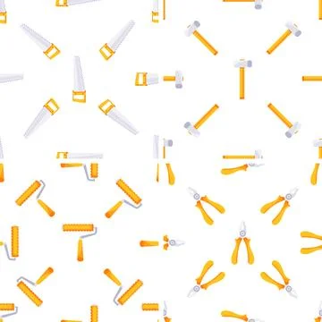 Seamless pattern of hand tools including saws, hammers, paint rollers and pliers Stock Illustration