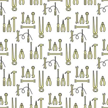 Seamless pattern of hand tools including pliers, wrenches, and hammers on w.. Stock Illustration