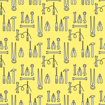 Seamless pattern of hand tools on yellow background, ideal for construction.. Stock Illustration