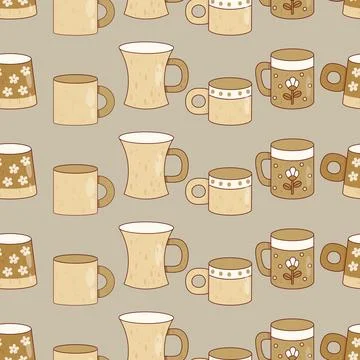 Seamless Pattern with Handcrafted Ceramic Mugs on Green Background. Artisan.. Stock Illustration