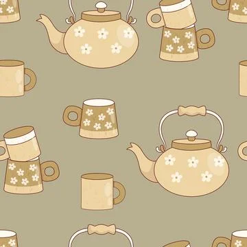 Seamless Pattern with Handcrafted Ceramic Teapots and Mugs. Artisan Pottery.. Stock Illustration