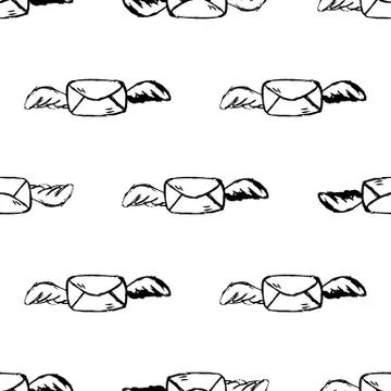 Seamless pattern Handdrawn envelope wings doodle icon. Hand drawn black sketc Illustrazione stock