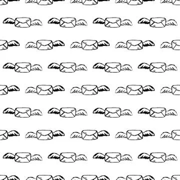 Seamless pattern Handdrawn envelope wings doodle icon. Hand drawn black sketc 스톡 일러스트