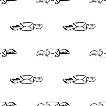 Seamless pattern Handdrawn envelope wings doodle icon. Hand drawn black sketc Illustrazione stock