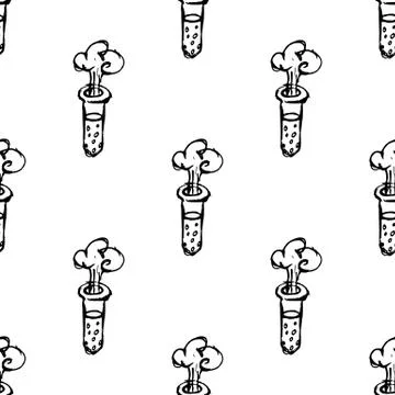 Seamless pattern Handdrawn flask chemical reaction doodle icon. Hand drawn bl 스톡 일러스트