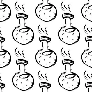 Seamless pattern Handdrawn flask chemical reaction doodle icon. Hand drawn bl Illustrazione stock