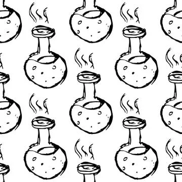 Seamless pattern Handdrawn flask chemical reaction doodle icon. Hand drawn bl Stock Illustration