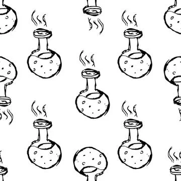 Seamless pattern Handdrawn flask chemical reaction doodle icon. Hand drawn bl Illustrazione stock